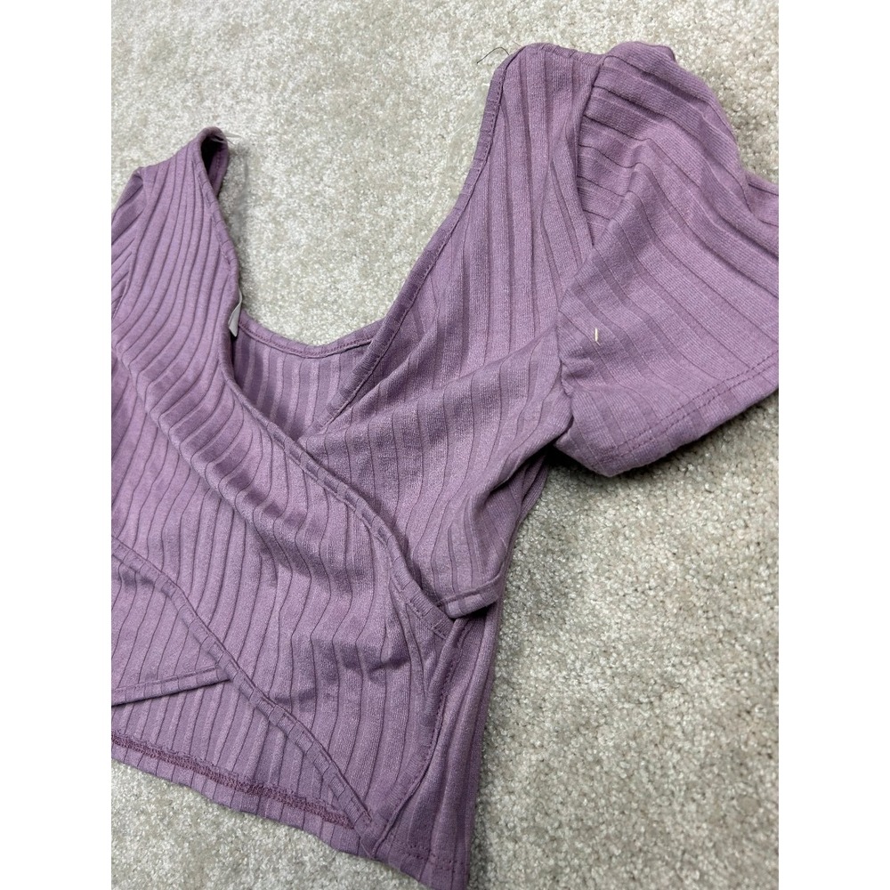TIMING Women's Mauve Ribbed Wrap Crop Top Large Short Sleeve V-Neck